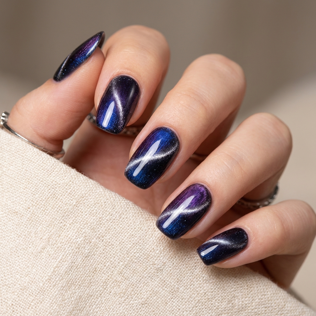 Deep magnetic 'cat eye' nail design in galactic purple - Premium AI creation