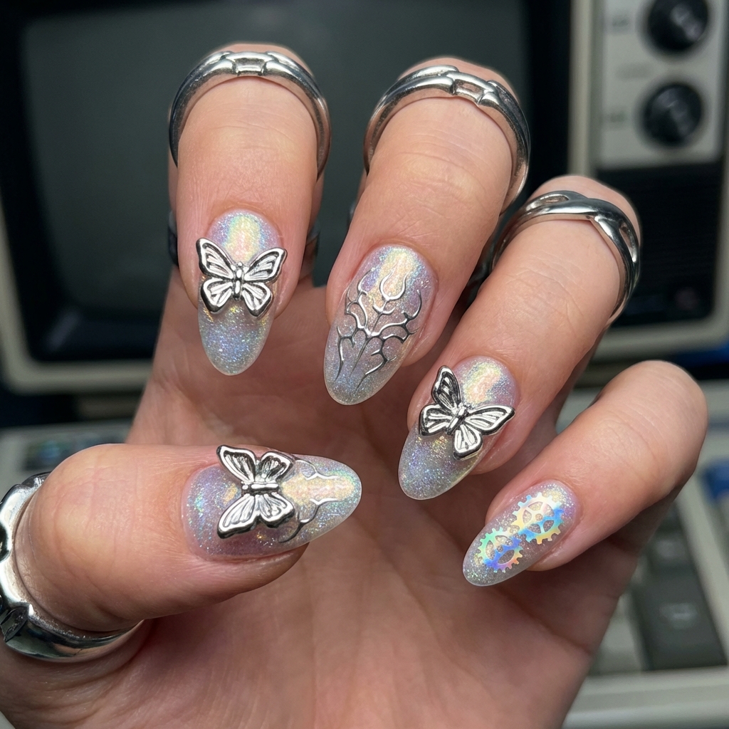 Mirror chrome metallic silver nails - Futuristc AI creation