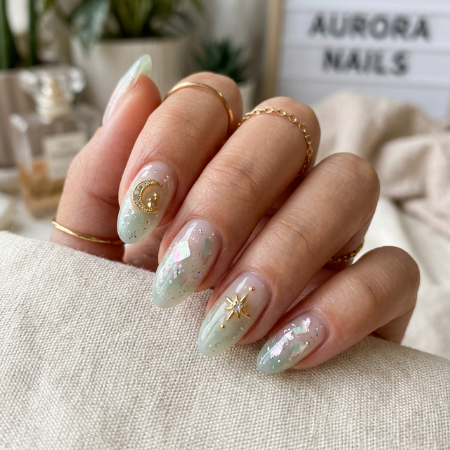Nuance celestial mint nail art with moon and star charms - Premium AI creation