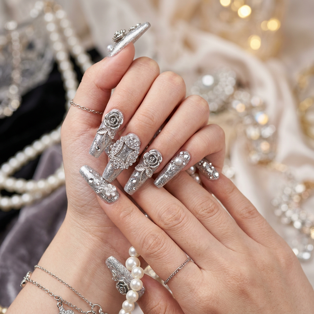 Wanghong silver glitter nails with 3D rose and rhinestone charms - Premium AI creation